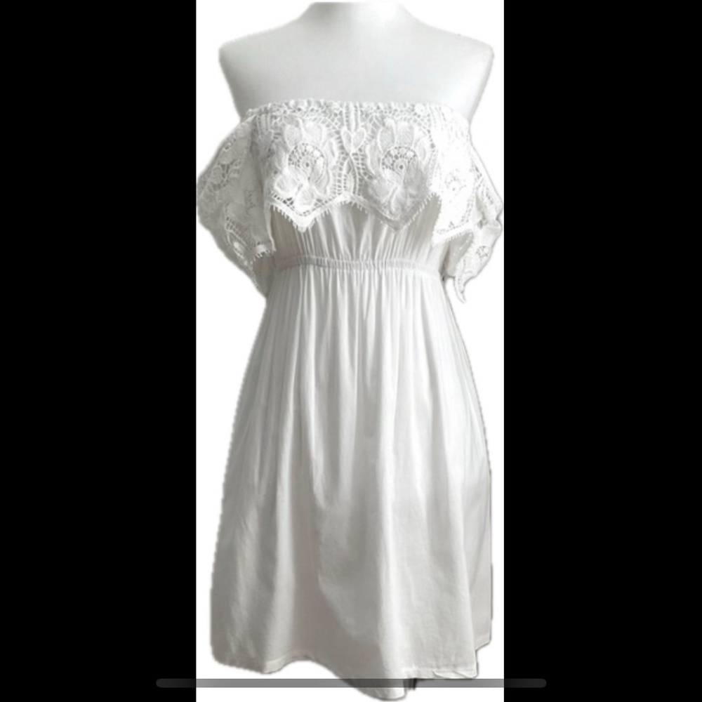Bardot Neckline White Lace Crochet Bathing Suit Cover Up, Size M